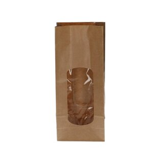 4A Papieren Cadeautassen met venster | Kleur: Bruin | Breedte 7.5 - 13 centimeter | Hoogte 31 centimeter | Per 100 tassen