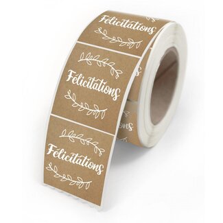 4A Sticker Label met tekst “Félicitations” | Kleur: Bruin | Breedte 40 millimeter | Hoogte 35 millimeter | Per 500 stickers
