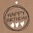 Label Kaartje met tekst “Happy Birthday” | Kleur: Lichtbruin | Breedte 7 centimeter | Hoogte 7 centimeter | Per 20 labels