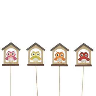4A Uil met Huis Bijsteker | Kleur: Gemengde Kleuren | Diameter 7.5 centimeter | Lengte bijsteker ± 20 centimeter | Per 24 bijstekers
