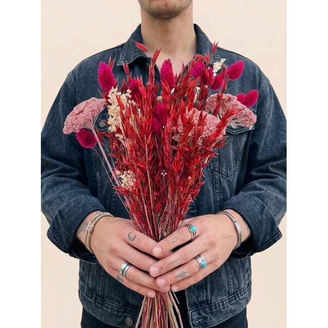 Bouquet de fleurs séchées "Layla" | Longueur ± 50 centimètres | Avec des fleurs séchées roses et rouges