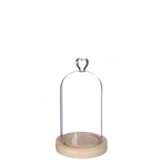 4A Cloche en verre avec cœur sur pied en bois | Couleur: Transparent | Diamètre 10 centimeter | Hauteur 18 centimeter | Par cloche