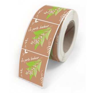 4A Muguet Lelietje-van-Dalen Sticker “Je Porte Bonheur” | Kleur: Gemengde Kleuren | Lengte 40 millimeter | Breedte 35 millimeter | Per 500 stickers