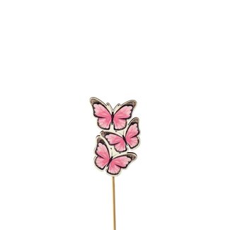 4A Houten Vlinder Trio Bijsteker | Kleur: Roze | Diameter 8 centimeter | Lengte bijsteker ± 50 centimeter | Per 25 bijstekers
