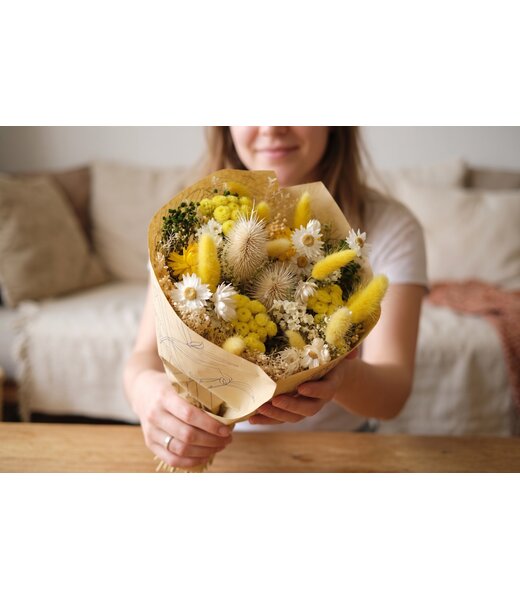 Dolce Vita Trockenblumenstrauß Wow San Remo | Länge ± 35 Zentimeter | Mit gelben, weißen und grünen Trockenblumen