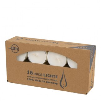4A Natural White Maxi tealight | Burn time 10 hours | Transparent cup made from 100% recycled material | Contents16 tealights | Per box