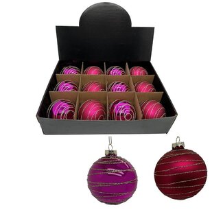 4A Fuchsia Paarse Kerstbal met Lijnen Assorti | Diameter 80 millimeter | Per 12 kerstballen