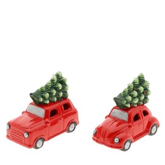 4A Red Car with Christmas Tree and LED Assorted | Length 13 centimetre | Christmas Decoration | Width 7 centimetre | Height 11 centimetre | Per 6 cars