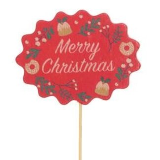 4A Red “Merry Christmas” text Pick | Width 6.5 centimeter | Height 8.5 centimeter | Length pick ± 10 centimeter | Per 25 picks