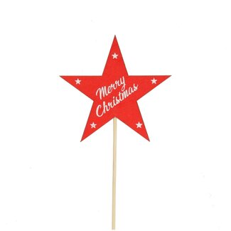 4A Ster "Merry Christmas" tekst op stok | Kleur: Rood | Diameter ster 9 centimeter | Lengte bijsteker ± 50 centimeter | Kerst Decoratie | Per 25 bijstekers