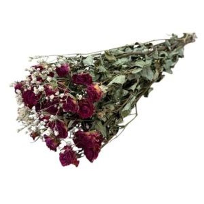 Bouquet with 8 fuchsia Spray Roses and 2 stems of white natural Gypsophila | Length ± 50 centimetres