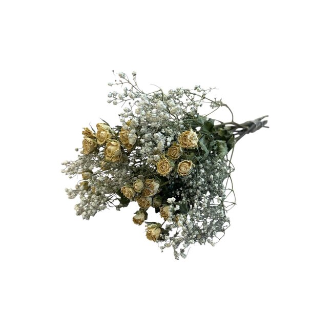 Bouquet with 8 white Spray Roses and 2 stems of natural white Gypsophila | Length ± 50 centimetres