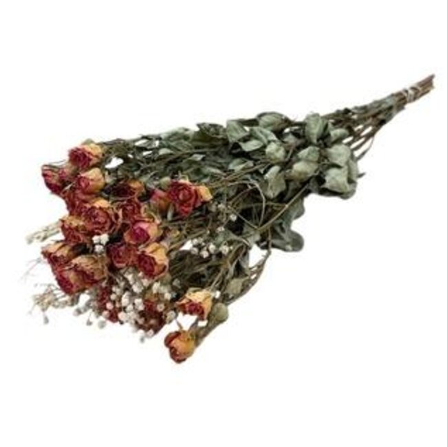 Bouquet with 8 orange spray roses and 2 stems of natural white baby's breath | Length ± 50 centimetres