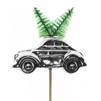 4A Auto met Kerstboom Bijsteker | Kleur: Zilverkleurig | Kerst Decoratie | Lengte 10 centimeter | Lengte bijsteker ± 50 centimeter | Per 25 bijstekers