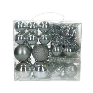 4A Kerstballen Box Assorti | Kleur: Zilver | Kerst Decoratie | Inhoud 40 kerstdecoraties | Per doos