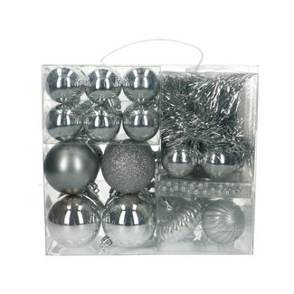 4A Silberfarbene Weihnachtskugel-Box assortiert | Weihnachtsdekoration | Inhalt 40 Weihnachtsdekorationen | Pro Box