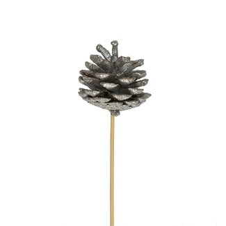4A Dennenappel op stok | Kleur: Zilverkleurig | Kerst Decoratie | Diameter dennenappel 6 centimeter | Lengte bijsteker ± 50 centimeter | Per 25 bijstekers