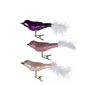 4A Pink Glass Bird on Clip | Christmas Decoration | Length 8 centimeter | Per 3 birds