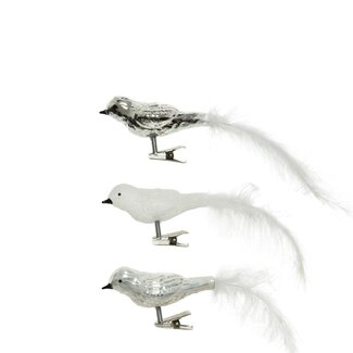 4A Vogel op Clip Glas Assorti | Kleur: Zilver Wit | Set van 3 vogels | Kerst Decoratie | Lengte 8 centimeter | Per set