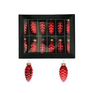 4A Dennenappel Kerstballen | Kleur: Rood | Glimmende en Matte Ballen | Lengte 60 millimeter | Per 12 kerstballen