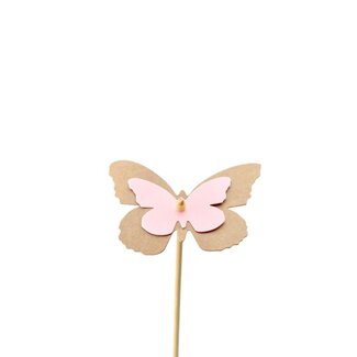 4A Kraft Vlinder Bijsteker | Kleur: Roze Bruin | Lengte 50 centimeter | Diameter vlinder 7 centimeter | Per 25 bijstekers