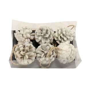4A Dennenappel Hanger | Kleur: Naturel Wit | Kerst Decoratie | Lengte 6 centimeter | Per 6 dennenappels