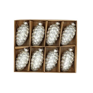 4A Dennenappel Kerstballen met Glitter | Kleur: Zilverkleurig | Diameter 85 millimeter | Per 8 dennenappels
