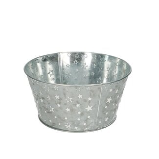 4A Zinken Bloempot Plantenbak met witte sterren “Nigel” | Kleur: Grijs | Kerst Decoratie | Diameter 20 centimeter | Hoogte 10 centimeter | Per 10 bakken