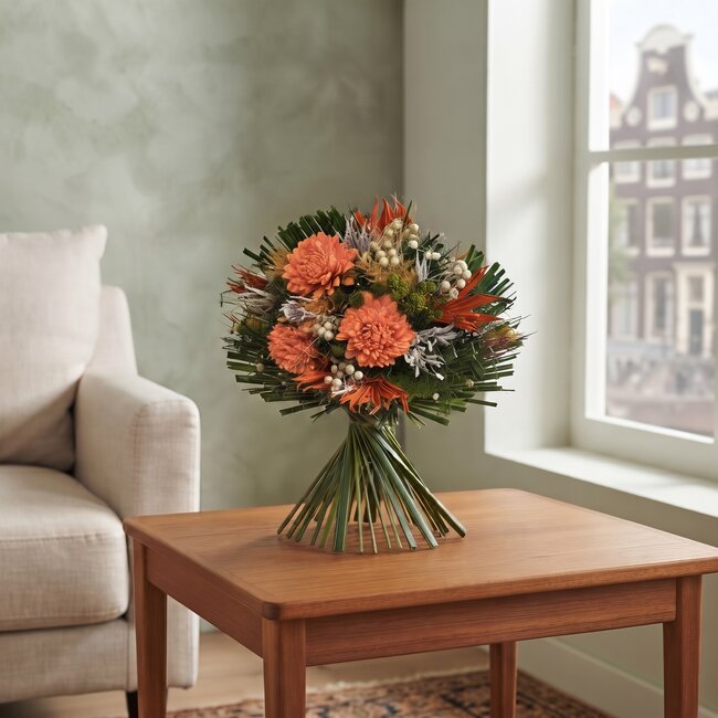 Boeket Droogbloemen “Sevilla Salmon” | Lengte ± 20 centimeter | Met zalmkleurige en witte bloemen | Per boeket