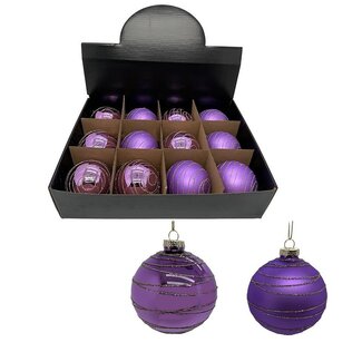 4A Boules de Noël violettes avec rayures assorties | Décoration de Noël | Diamètre 8 centimeter | Par 12 boules de Noël