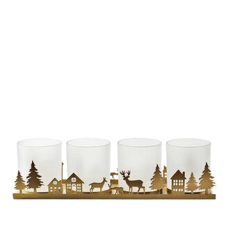 4A Metalen Frame met 4 Glazen Theelichthouders “Xmas” | Kleur: Goudkleurig | Kerst Decoratie | Lengte 35 centimeter | Breedte 9 centimeter | Hoogte 10 centimeter | Per 6 sets