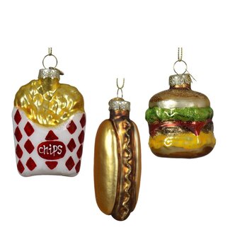 4A Couleurs Mélangées Hamburger Hot-dog Frites Boule de Noël Suspensions | Décoration de Noël | Diamètre 6 centimètre | Par 3 suspensions