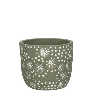 4A Pot de fleurs en céramique gris-vert avec flocons de neige étoiles | Décoration de Noël | Diamètre 14 centimeter | Hauteur 13 centimeter | Par 8 pots de fleurs