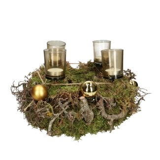 4A Couronne d'Avent naturellement verte avec boules de Noël couleur dorée | Décoration de Noël | Diamètre 30 centimeter | Par 2 couronnes d'Avent