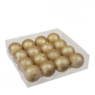 4A Gold-coloured Plastic Glitter Christmas Baubles | Christmas Decoration | Diameter 6 centimetre | Per 16 Christmas Baubles