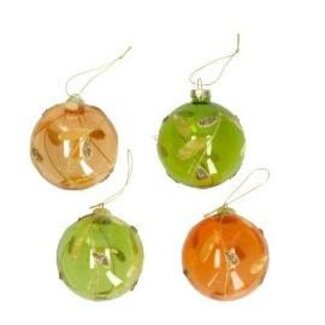 4A Couleurs Mélangées Boules de Noël en verre avec décoration de feuilles Assorti | Décoration de Noël | Diamètre 8 centimètre | Par 12 boules de Noël