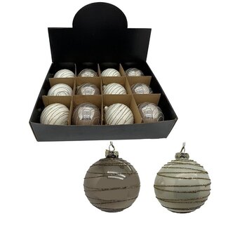 4A Gris Wit­te Boules de Noël met Lijnen Assorti | Décoration de Noël | Diamètre 8 centimeter | Par 12 boules de Noël