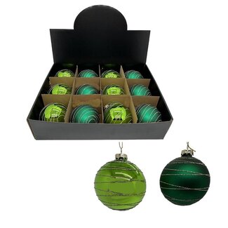 4A Green Christmas Baubles with Lines Assorted | Christmas Decoration | Diameter 8 centimetre | Per 12 Christmas Baubles