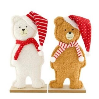 4A Ours Brun et Blanc Décoration Sur Socle | Décoration de Noël | Longueur 20 centimeter | Largeur 6 centimeter | Hauteur 39 centimeter | Par 12 Ours