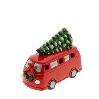 4A Rouge LED Bus Volkswagen avec sapin de Noël | Décoration de Noël | Longueur 20 centimeter | Largeur 9 centimeter | Hauteur 15.5 centimeter | Par 4 bus