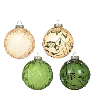 4A Christmas bauble with Leaf Decoration | Colour: Mixed Colours | Christmas Decoration | Diameter 8 centimeter | Per 12 Christmas baubles
