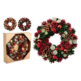 4A Dennenappel Kerstkrans | Kleur: Rood Groen Bruin | Kerst Decoratie | Diameter 34 centimeter | Per kerstkrans