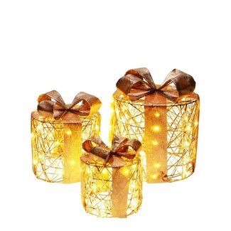 4A LED Lampjes Cadeau-vorm Decoratie Set | Kleur: Goud | Kerst Decoratie | Lengte 25 centimeter | Breedte 25 centimeter | Hoogte 30 centimeter | Per set van 3 cadeaus