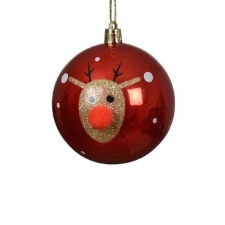 4A Plastic Christmas bauble with Reindeer | Colour: Red | Christmas decoration | Diameter 8 centimetre | Per 12 Christmas baubles
