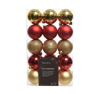 4A Kunststof Kerstballen Assorti | Kleur: Rood en Goud | Kerst Decoratie | Diameter 60 millimeter | Per 30 kerstballen