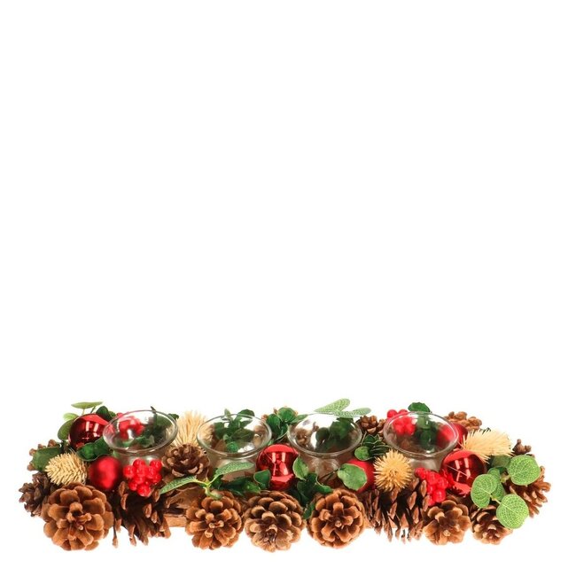 Theelichthouder met Dennenappels | Kleur: Bruin | Kerst Decoratie | Lengte 44 centimeter | Breedte 15 centimeter | Hoogte 8 centimeter | Per theelichthouder