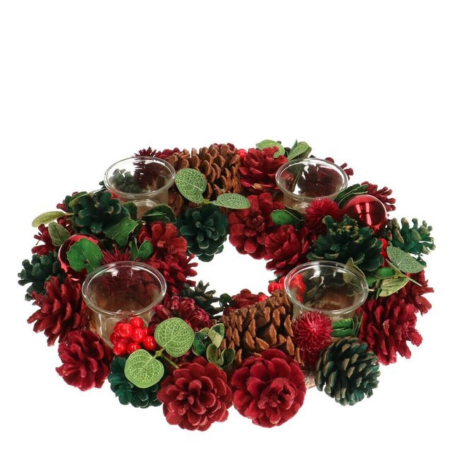 Krans Theelichthouder | Kleur: Rood Groen | Kerst Decoratie | Diameter 34 centimeter | Per krans
