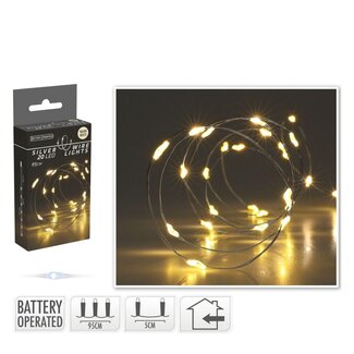 4A Warm Wit LED Lichtsnoer Draad op batterijen | Kleur: Zilver | Kerst Decoratie | 20 LED Lampjes | exclusief batterijen | Lengte 95 centimeter | Per lichtsnoer