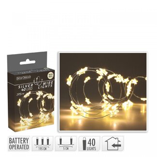 4A Warm White LED Light String Wire with Stars | Colour: Silver | Christmas Decoration | 40 LED Lights | batteries excluded | Length 195 centimetre | Per light string