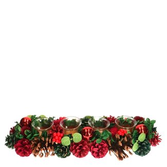 4A Tealight holder with Red and Green Pine Cones | Colour: Mixed Colours | Christmas Decoration | Length 44 centimeter | Width 15 centimeter | Height 8 centimeter | Per tealight holder